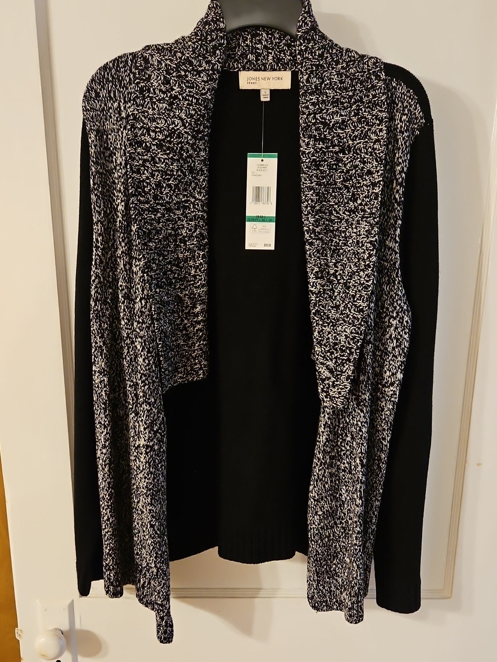 Jones New York Black and White Draped Open-Front Cardigan